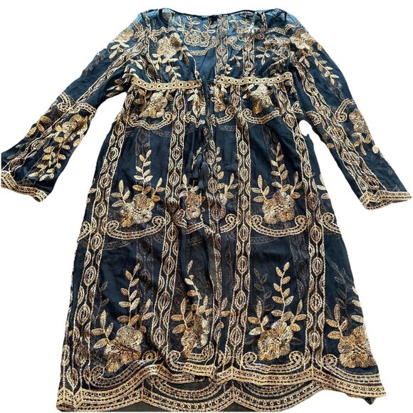 Haute Monde Cinched Waist Kimono Topper Medium Blk Copper Embroidered Whimsigoth - Picture 1 of 11